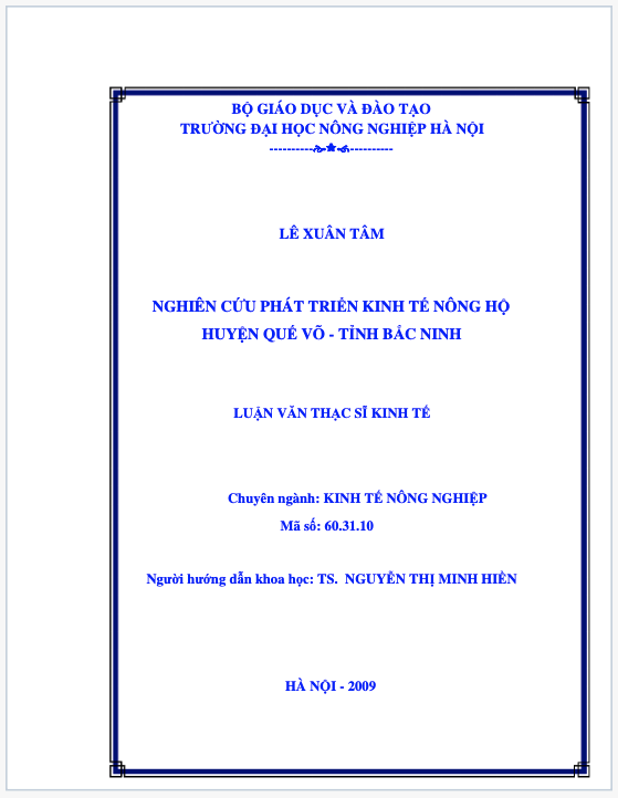 Luận văn nghiên cứu phát triển kinh tế nông hộ huyện Quế Võ, Bắc Ninh